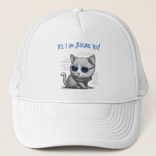Critical Cat Judging You Blue Text Trucker Hat