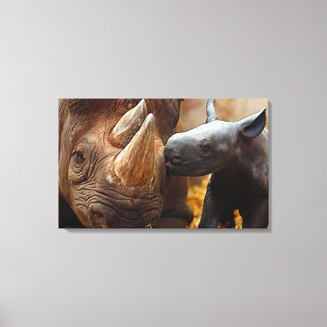 "Critically Endangered Black Rhino with baby" Canvas Print (Front)