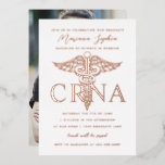 CRNA Nursing Graduation Gold Foil Invitation<br><div class="desc">Real gold foil! Editable initials,  CRNA and caduceus medical symbol on custom colour background. Works as both a graduation party invitation or a graduation announcement. Photo on the back is optional. Choose your foil colour,  gold,  silver or rose gold. Future plans or more photos to the back.</div>