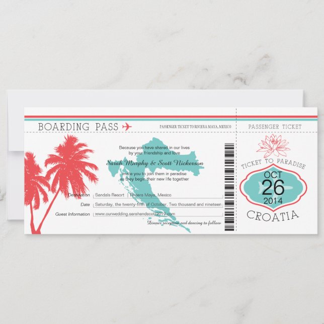 Croatia Boaring Pass Teal and Coral Invitation (Front)