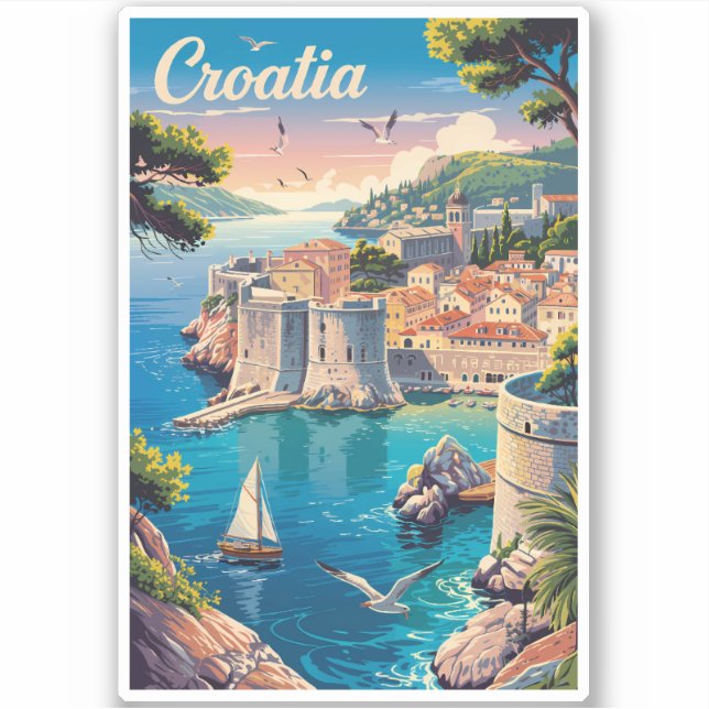Croatia Dubrovnik Illustration Travel Art Vintage (Front)
