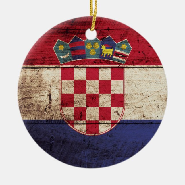 Croatia Flag on Old Wood Grain Ceramic Ornament (Front)