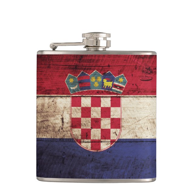 Croatia Flag on Old Wood Grain Hip Flask (Front)