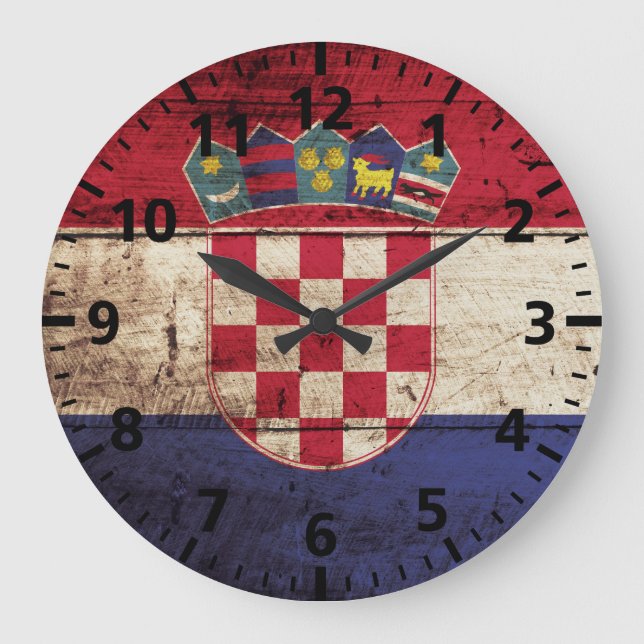 Croatia Flag on Old Wood Grain Large Clock (Front)