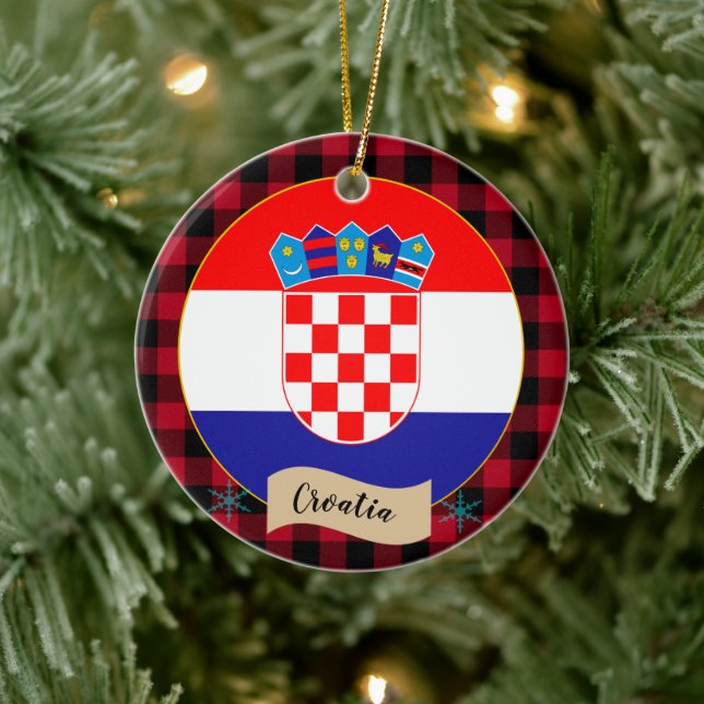 Croatia, Red buffalo plaid & Croatian Flag Ceramic Ornament (Tree)