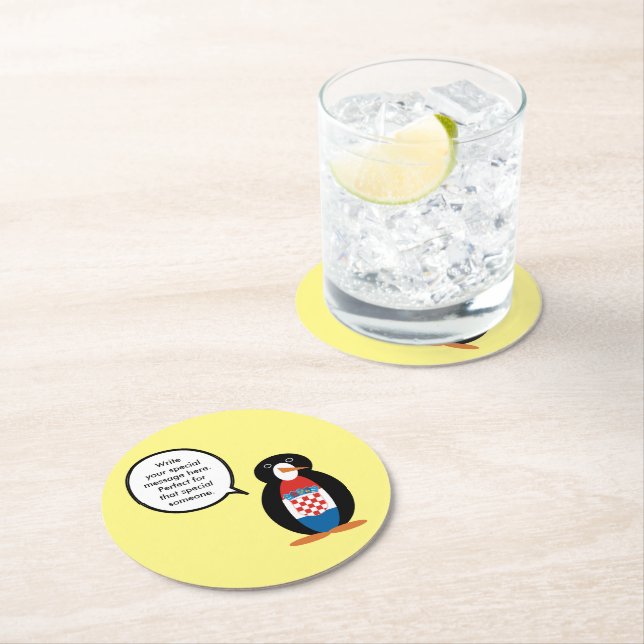 Croatian Flag Talking Ms Penguin Personalized  Round Paper Coaster (Insitu)