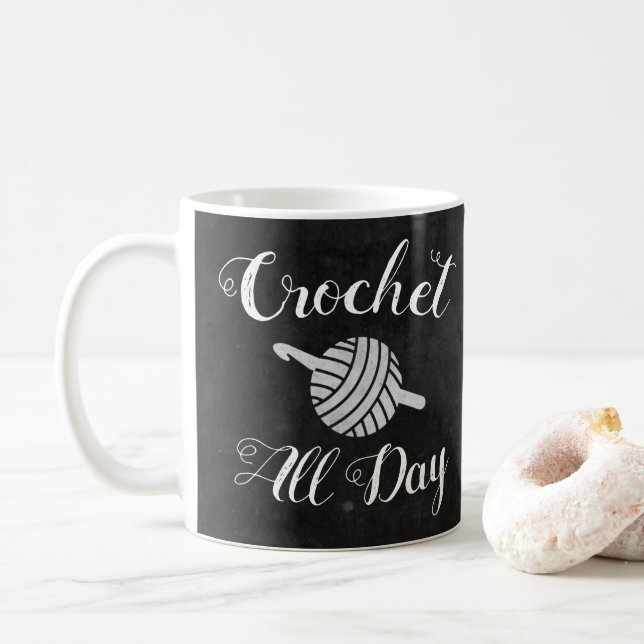 Crochet All Day • Yarn Ball & Hook Crafts Coffee Mug (With Donut)