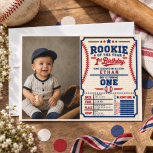 Crochet Baseball Ticket 1st Birthday photo Invitation