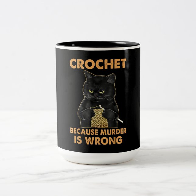 Crochet Because Murder Is Wrong  Black Cat Two-Tone Coffee Mug (Center)