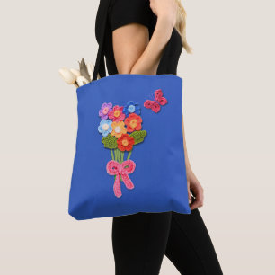 Crochet Flowers Butterfly and Bow Print Tote Bag