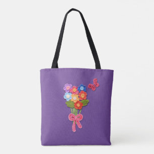 Crochet Flowers Butterfly and Bow  Tote Bag