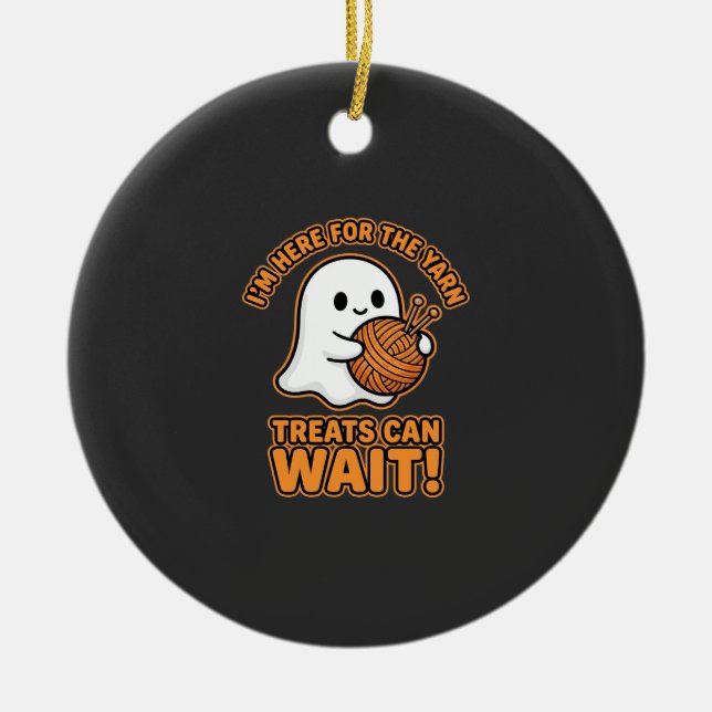 Crochet Ghost Yarn Halloween Design Ceramic Ornament (Front)