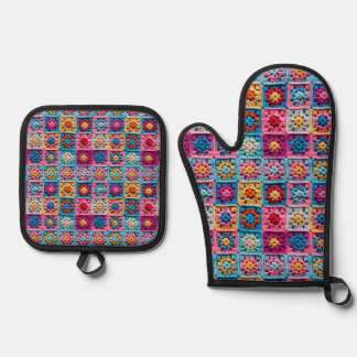 Crochet Granny Square Pattern Effect Oven Mitt & Pot Holder Set
