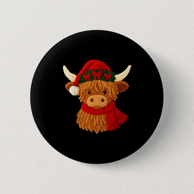 Crochet Highland Cow Christmas Winter Girly Kids T 2 Inch Round Button (Front)