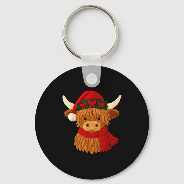 Crochet Highland Cow Christmas Winter Girly Kids T Keychain (Front)