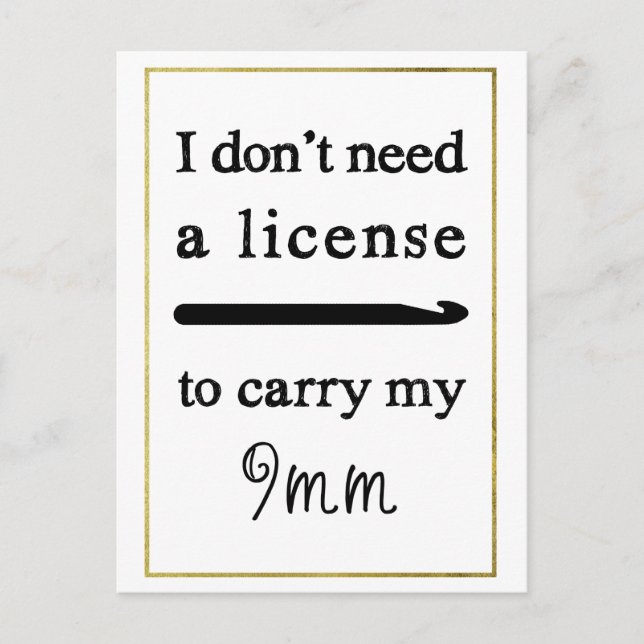 Crochet Hook License Faux Gold Border Crafts Postcard (Front)