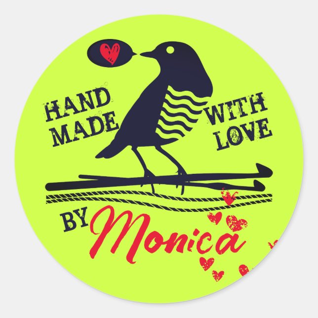 Crochet hook yarn love bird handmade with love classic round sticker (Front)