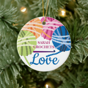 Crochet hooks yarn love personalized Christmas Ceramic Ornament