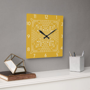 Crochet jaune moutarde Graphique Carré Horloge mur