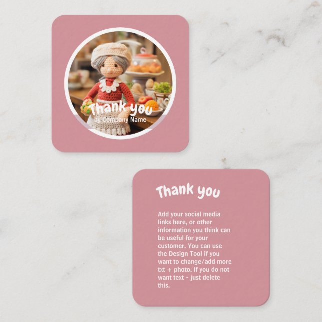 Crochet lady kitchen pink Thank you Square Business Card (Front/Back)