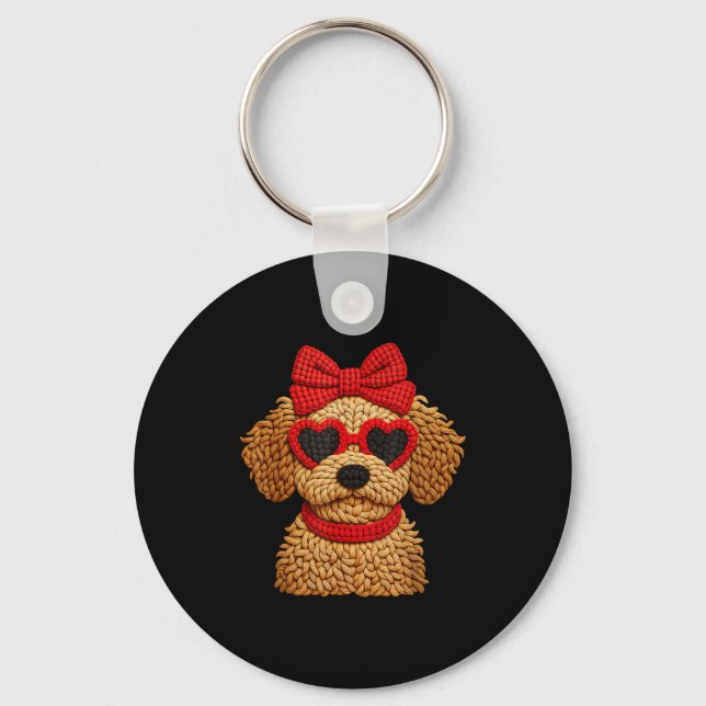 Crochet Puppy Heart Sungles Red Bow Valentines Day Keychain (Front)