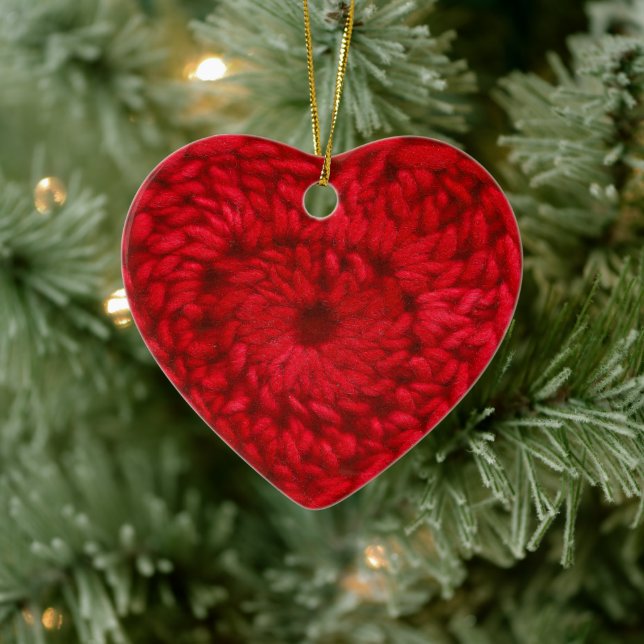 Crochet Red Handmade Yarn Heart Crafts Ceramic Ornament (Tree)