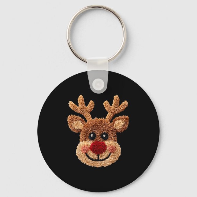 Crochet Reindeer Face Merry Christmas Girly Kids T Keychain (Front)