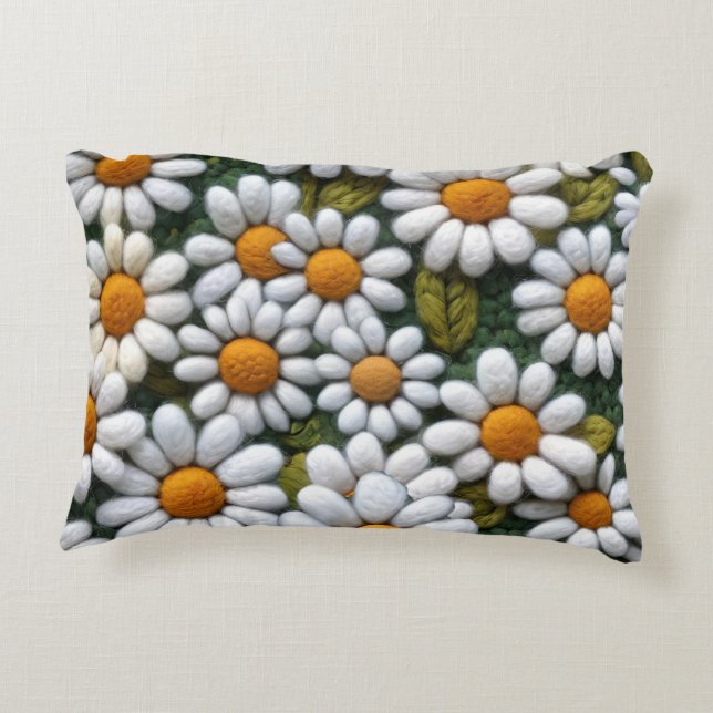 Crochet White Daisies Spring Wildflowers Accent Pillow (Back)