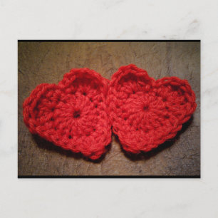 Crochet Yarn Hearts on Wood Handmade Postcard