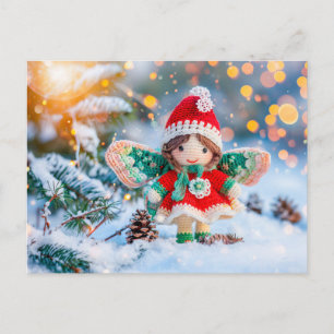 Crocheted Christmas Elf in Snow with Pinecones Holiday Postcard
