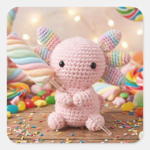 Crocheted Pink Axolotl Pastel Candy Square Sticker