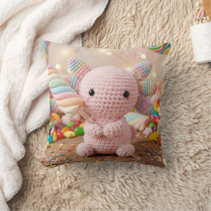 Crocheted Pink Axolotl Pastel Candy Throw Pillow