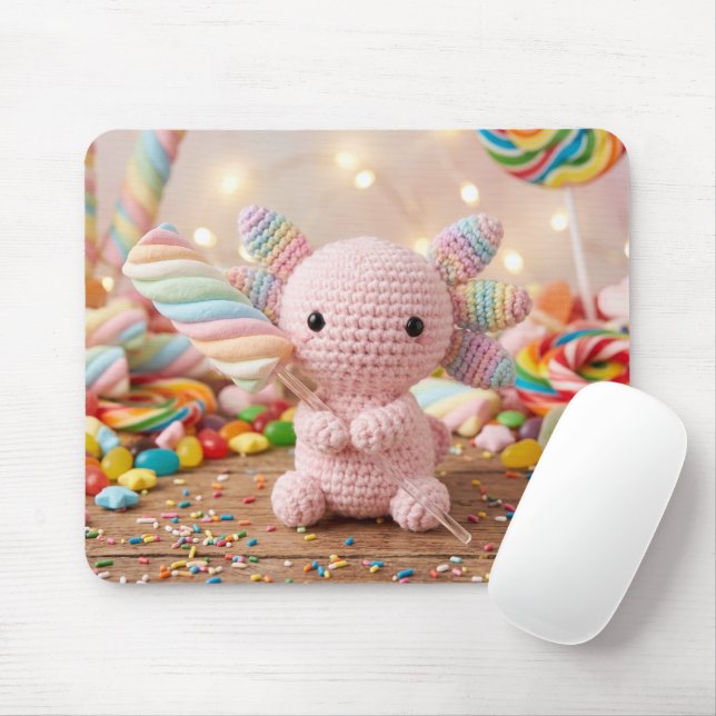 Crocheted Pink Axolotl Pastel Marshmallow Candy   Mouse Pad (With Mouse)