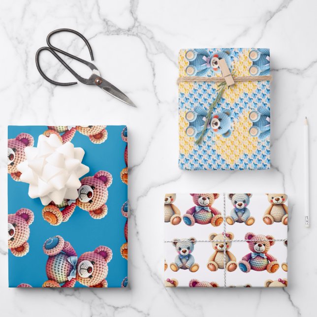 Crocheted Stuffed Animals Blue and Yellow Wrapping Paper Sheet (Front)