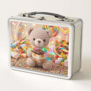 Crocheted Teddy Bear with S'more Personalized Metal Lunch Box