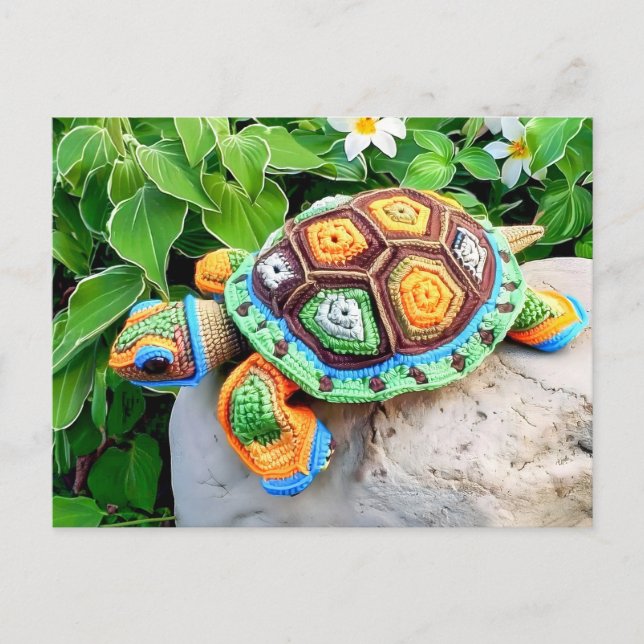 Crocheted Turtle Made From Colourful Granny Square Postcard (Front)