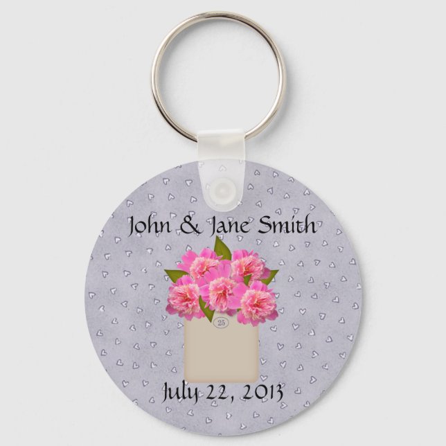 Crock Of Peonies Wedding Favour Keychain (Front)