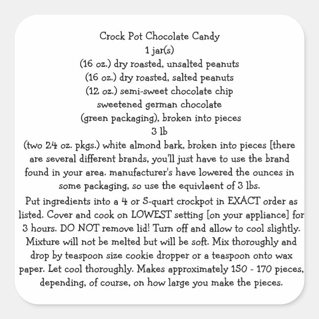 CROCK POT CHOC. CANDY STICKERS RECIPE (Front)