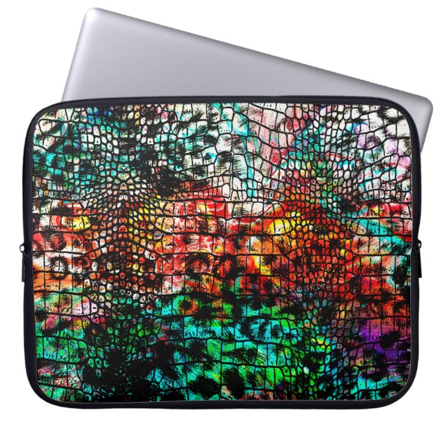 Crocodile and leopard pattern with colourful abstr laptop sleeve (Front)