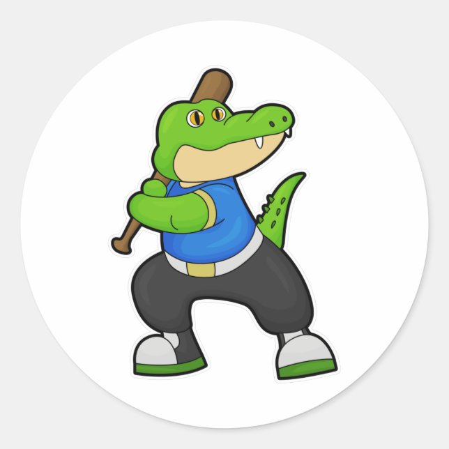 Crocodile at Baseball with Baseball bat Classic Round Sticker (Front)