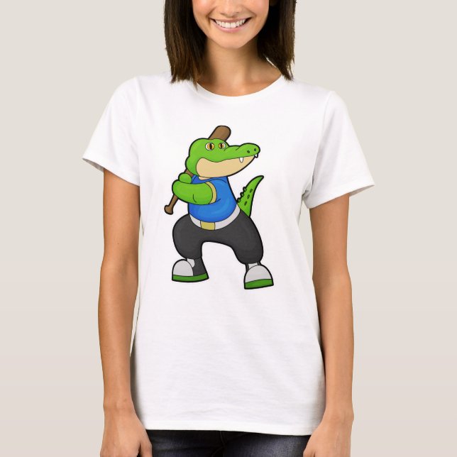 Crocodile at Baseball with Baseball bat T-Shirt (Front)