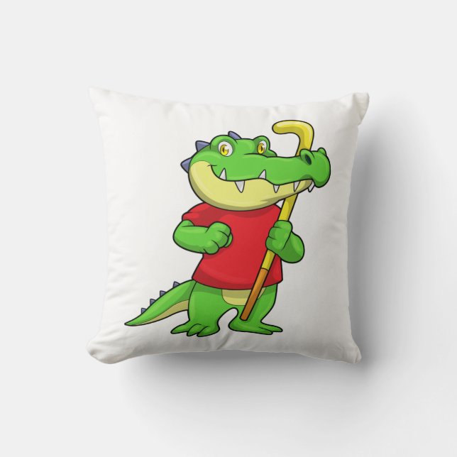 Crocodile at Field hockey with Stick Throw Pillow (Front)
