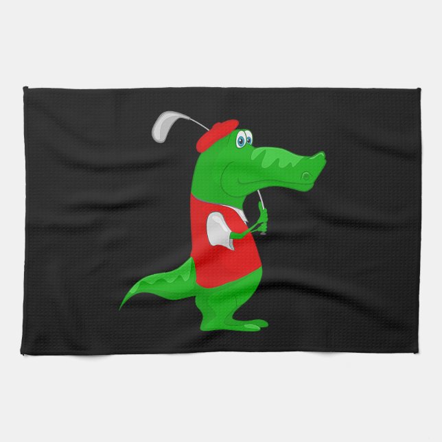 Crocodile Cartoon Golfer sur cuisine et serviette  (Horizontal)