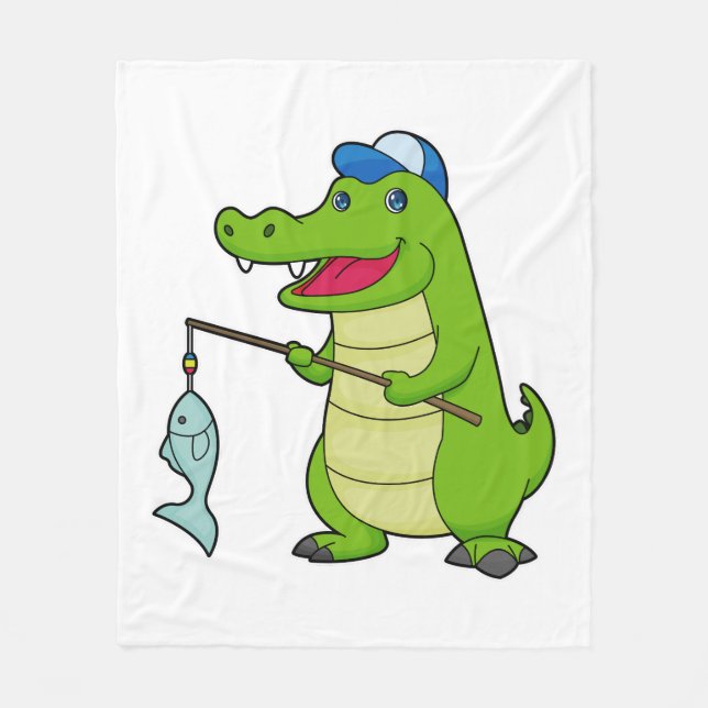 Crocodile Fishing Fisher Finshing rod Fleece Blanket (Front)