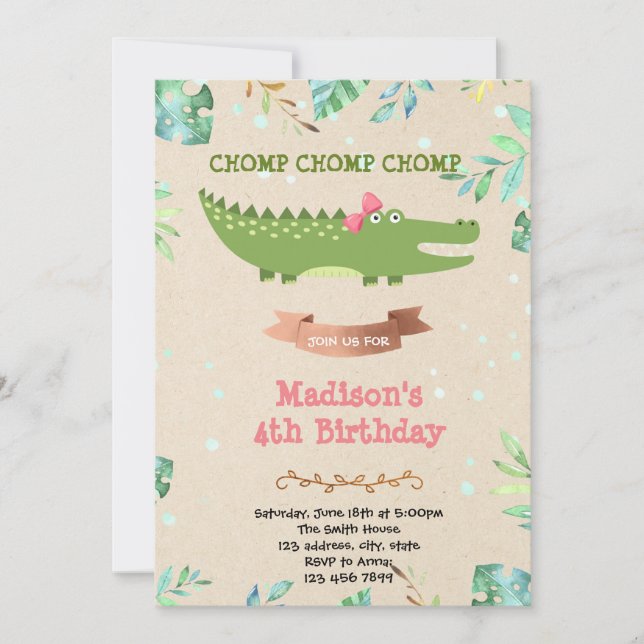 Crocodile girl birthday party invitation (Front)