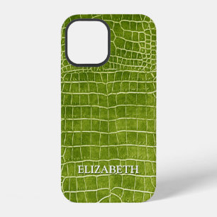 Crocodile Lime Green Faux Leather Personalize Name iPhone 12 Case