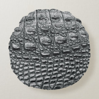 Crocodile Noir: Black Leather Mystique Round Pillow