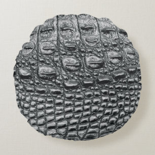 Crocodile Noir: Black Leather Mystique Round Pillow