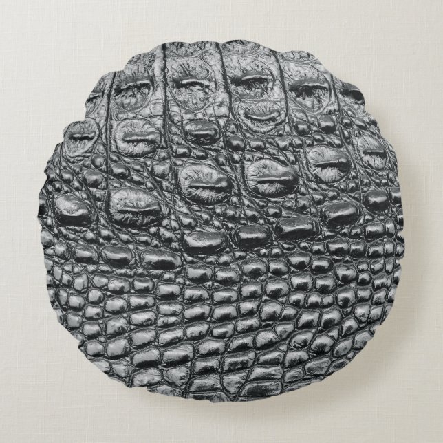 Crocodile Noir: Black Leather Mystique Round Pillow (Front)
