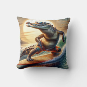 Crocodile On a Surfboard Throw Pillow